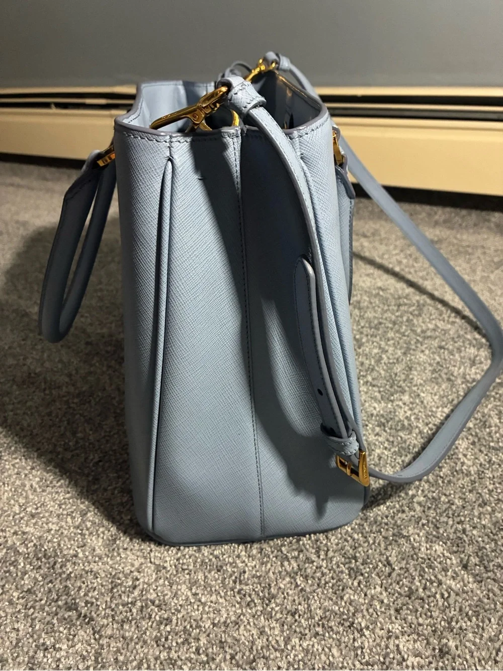 Prada Powder Blue Saffiano Leather Satchel with Gold Hardware